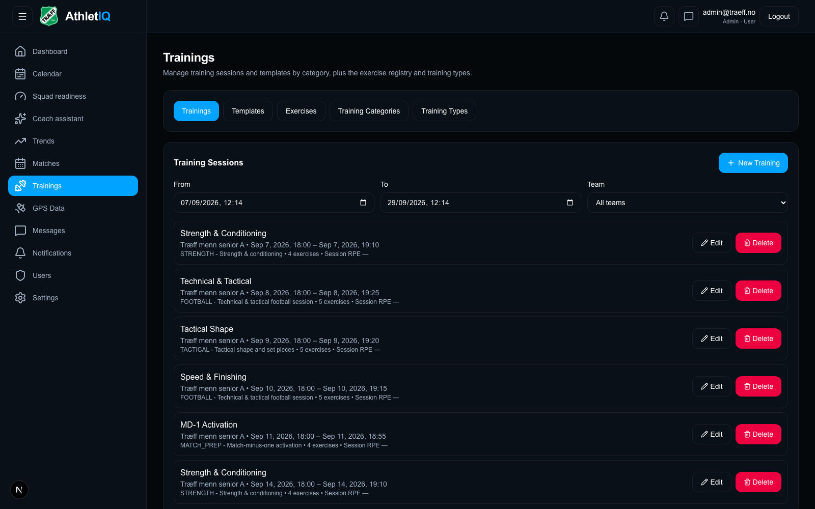 AthletIQ coach platform's training setup screen listing scheduled sessions