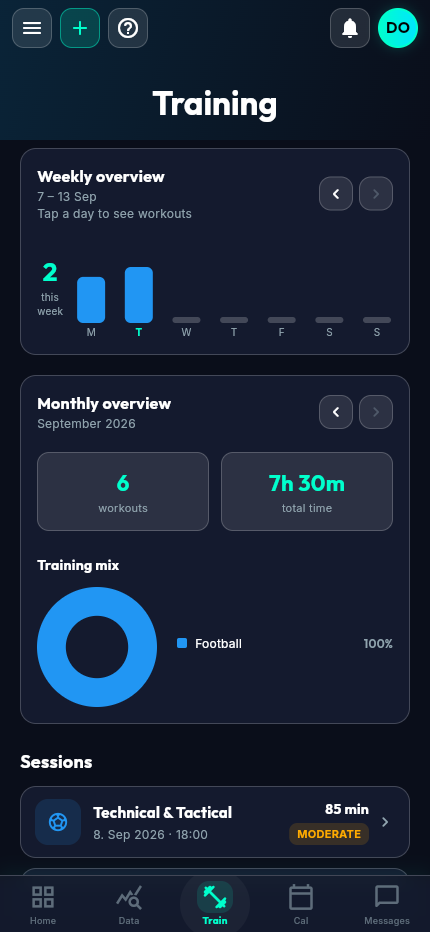 AthletIQ mobile app training log showing weekly and monthly training overview
